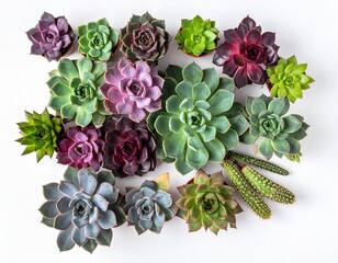 Top-down view of assorted succulents arranged in a seamless geometric pattern, white background, clean negative space, modern stock photo style
