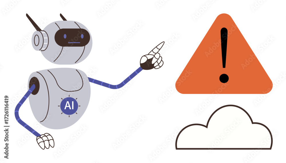 Aufkleber robot with ai badge pointing at orange warning sign and cloud symbol. ideal for cybersecurity, data 