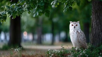 Pixelated Snowy Owl Perched on Green Ground Cover under Green Tree Cinematic and HDR with Blurred Background