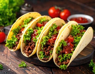 Taco Fiesta: A mouthwatering array of savory tacos, artfully arranged, tantalizes the senses with vibrant colors, a celebration of flavor, promising a delightful culinary experience.