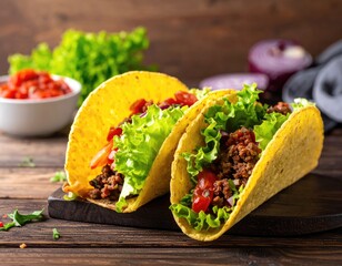 Tantalizing Tacos: Delight your senses with a vibrant, eye-level shot of two delectable tacos, nestled on a wooden cutting board, promising a burst of flavor and a delightful mealtime experience.