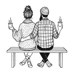 cozy couple sketch, man and woman hugging on a bench, wearing warm clothes and holding takeaway coffee cups, hand drawn doodle date illustration for autumn or winter