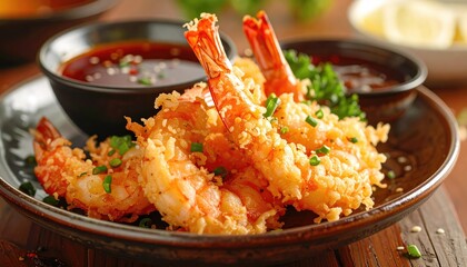 Golden Tempura Shrimp: A culinary masterpiece, showcasing a plate of exquisitely prepared tempura shrimp alongside savory dipping sauces, a true feast for the eyes and the palate.