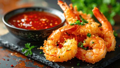 Crispy Shrimp Delights: Golden-brown, perfectly fried shrimp artfully presented alongside a vibrant bowl of tantalizing red sauce, tantalizing culinary adventure.