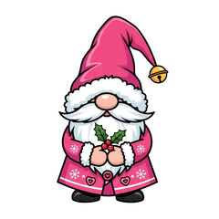 Fototapeta premium Cute Pink Christmas Gnome Illustration with Holly and , Festive Holiday Character Graphic for Winter Seasonal Designs and Decorations. Transparent PNG Image