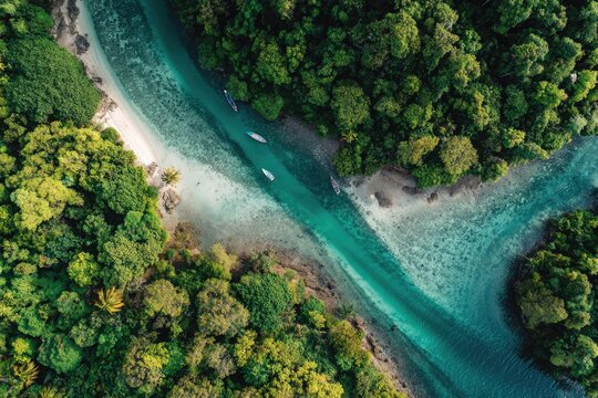 Aerial view of a turquoise river channel through lush green jungle