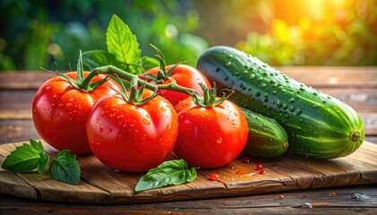 Fresh Garden Harvest: A vibrant display of fresh, ripe tomatoes, crisp cucumbers, and aromatic basil leaves, artfully arranged on a rustic wooden board, evoking the essence of a summer garden harvest.