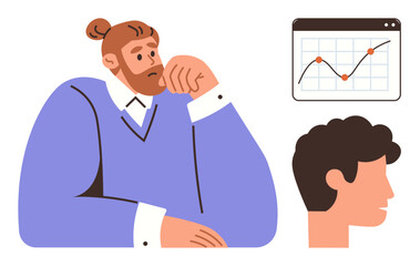 Man with pensive expression rests hand on face, accompanied by rising trend chart and head silhouette. Ideal for analytics, strategy, decision-making, growth, planning, insights, simple flat metaphor