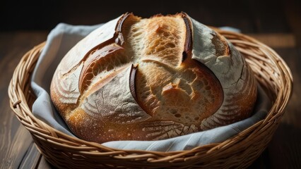 Artisan Bread Loaf in Wicker Basket, Rustic and Delicious.