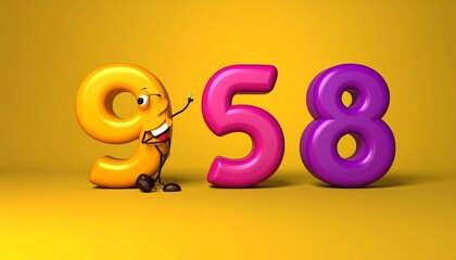 A playful 3D animated representation of numbers. A smiling '9' interacting with '5' and '8' against a yellow backdrop