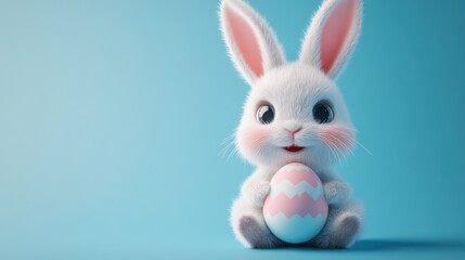 Obraz premium Adorable Fluffy White Bunny Holding an Easter Egg