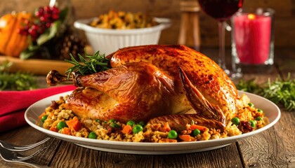 Thanksgiving Feast: A mouthwatering Thanksgiving turkey rests on a bed of savory stuffing, creating an inviting scene for a festive celebration of food, family, and tradition.