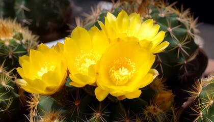 Close-up of vibrant yellow cactus blooms