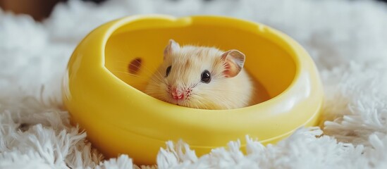 Adorable Hamster Peeking Out of Yellow Bowl