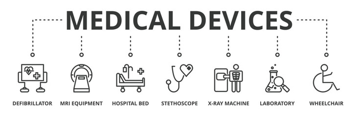 Medical devices banner vector illustration concept with icon of defibrillator, MRI equipment, hospital bed, stethoscope, x-ray machine, laboratory and wheelchair