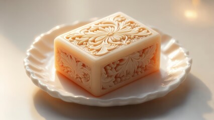 Artisan Soap Bar with Intricate Floral Design on a White Scalloped Dish.