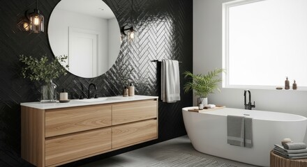 A modern bathroom boasts a sophisticated design with dark black herringbone tiles, a light wood vanity, and a pristine white bathtub.