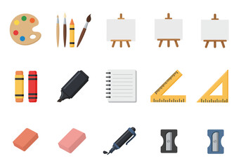 Illustration of art supplies including paint brushes and easels arranged in rows