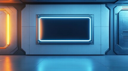Futuristic interior with glowing rectangular screen on the wall, abstract design