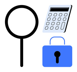 Magnifying glass, calculator, and padlock emphasizing analysis, calculation, and security. Ideal for finance, research, safety privacy technology problem-solving modern data. Simple flat metaphor