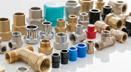 Collection of various brass and metal plumbing pipe fittings on a white background