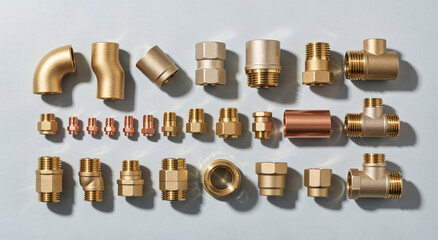 Organized display of assorted brass and copper plumbing fittings on a gray background