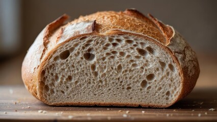 Artisan sourdough bread loaf cut in half on a wooden board.