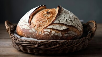 Artisan Sourdough Bread Loaf in Woven Basket, Rustic Bakery Delight.