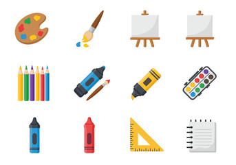 Twelve art supplies on a white background