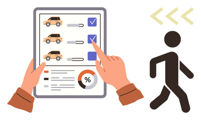 Hands selecting cars on a checklist, pie chart data, and walking figure symbolizing decision-making. Ideal for planning, research, choice, analytics, mobility logistics transition. Simple flat