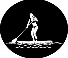 Fototapeta premium Paddleboarding silhouettes, Woman paddleboard silhouette, Paddleboard silhouette, Standup paddleboarding, Paddleboard vector, Paddle surfers