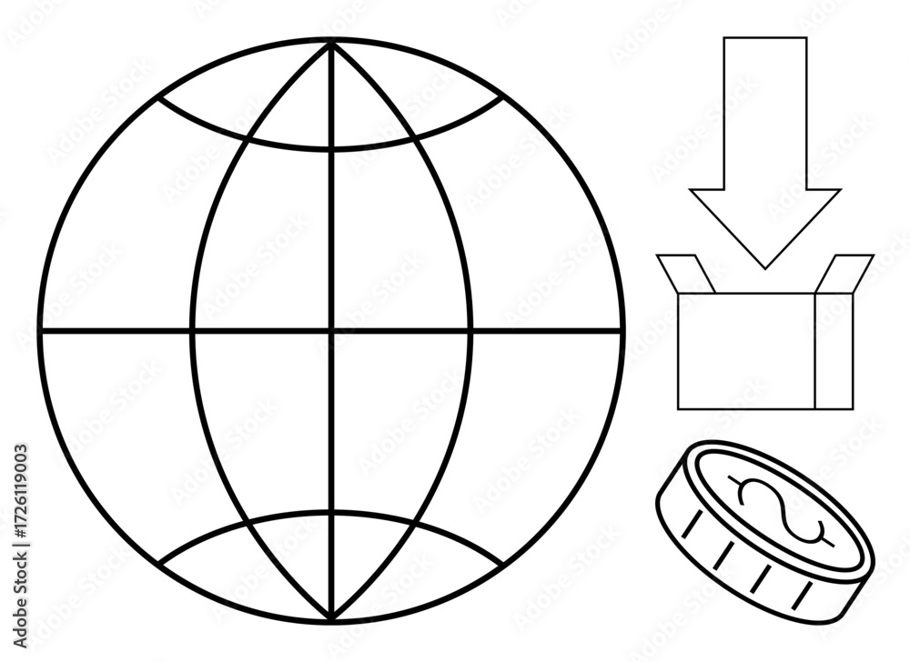 Poster globe with latitudes and longitudes, downward arrow pointing at an open box, and a coin. ideal for g