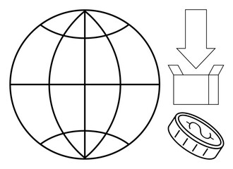 Globe with latitudes and longitudes, downward arrow pointing at an open box, and a coin. Ideal for global commerce, shipping, logistics, international trade, transactions, e-commerce