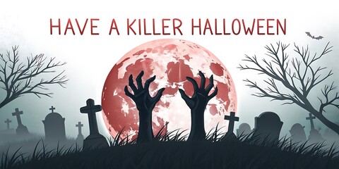A creepy Halloween scene with zombie hands rising from a graveyard, a red moon, and the text "Have a Killer Halloween."