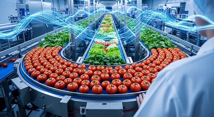 Fresh tomatoes and lettuce move on automated production line, visualizing data flow and modern food processing technology.