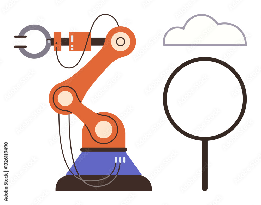 Poster robotic arm performing tasks with a magnifying glass and cloud, symbolizing automation, data analysi