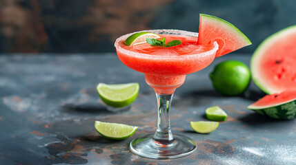 Coquetel frozen de melancia com lim&atilde;o e sal na borda do copo.