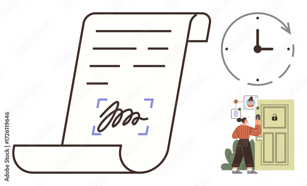 Poster contract paper with signature scan, clock symbolizing time, person verifying identity at secure door
