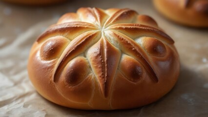 Artisanal homemade bread with a beautiful decorative floral pattern.