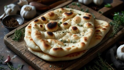Artisanal Garlic Herb Naan Bread on a Rustic Wooden Cutting Board.