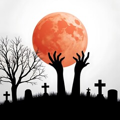 A pair of zombie hands rise from a silhouetted graveyard with a massive red moon and bare trees in the background.