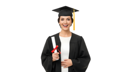 Happy woman in graduation cap and gown holding diploma isolated on transparent background