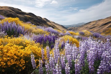 Obraz premium Colorful lupine flowers carpeting a lush hillside under wide open blue sky, captured in natural sunlight for decorative wall prints, travel promotions and sustainable lifestyle marketing projects