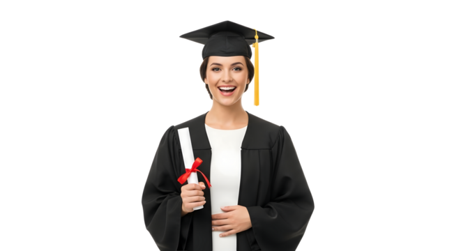 Happy woman in graduation cap and gown holding diploma isolated on transparent background