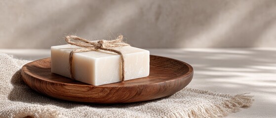Minimal scene featuring handmade white soap with hemp cord on textured wooden tray perfect for clean beauty marketing plastic free living content and spa inspired product photography