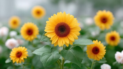 Obraz premium Radiant Sunflowers in Field Golden Petals Green Leaves Macro Floral Photography Captures Warm Summer Sunlight Blur Background Serene Outdoor Scene