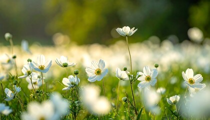 White flowers in a field at sunset