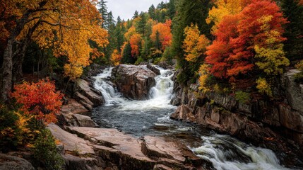 A Waterfall Scene with Autumns Vibrant Hues