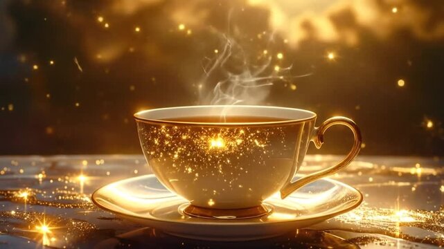 A radiant golden teacup presented in an enchanting and luminous atmosphere