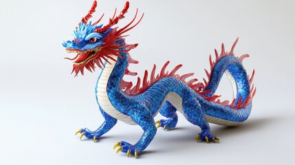 Intricate Blue Dragon Sculpture with Red Accents on White Background